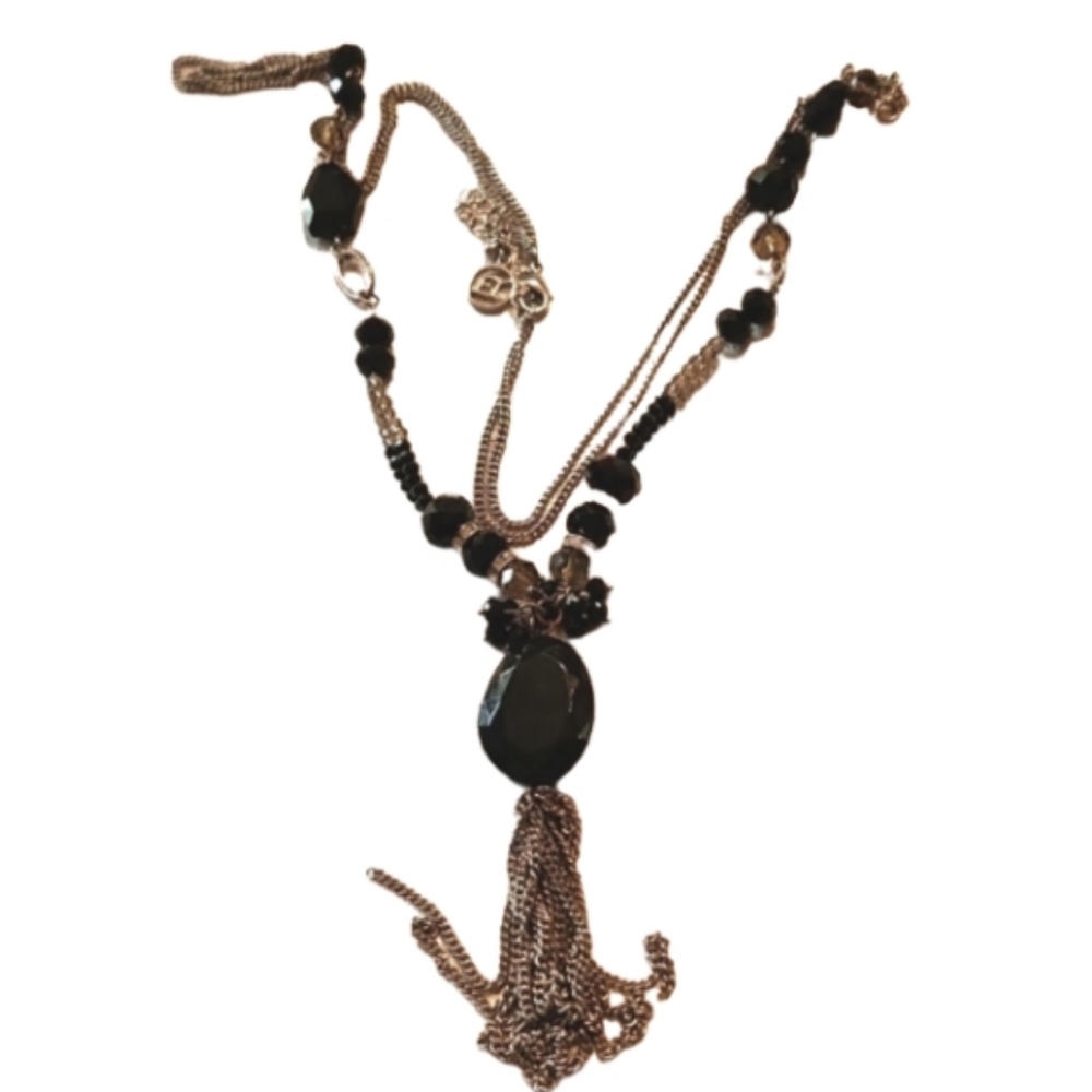 Stunning Vintage Erica Lyons black bead tassel necklace silvertoned